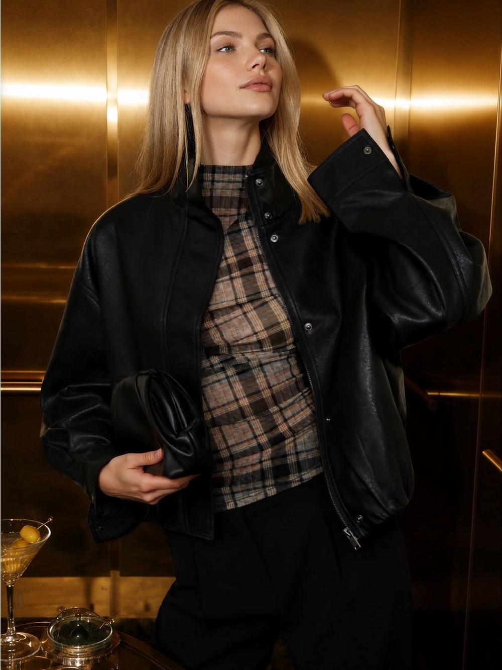 Faux Leather Mock Neck Bomber Jacket